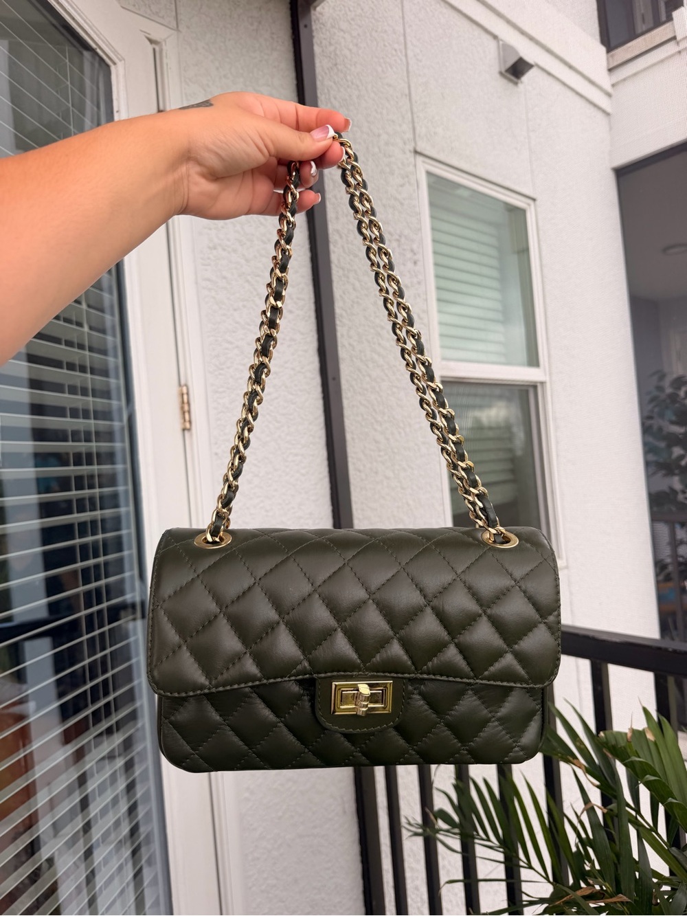 Quilted Olive Chain-Handle Shoulder Bag